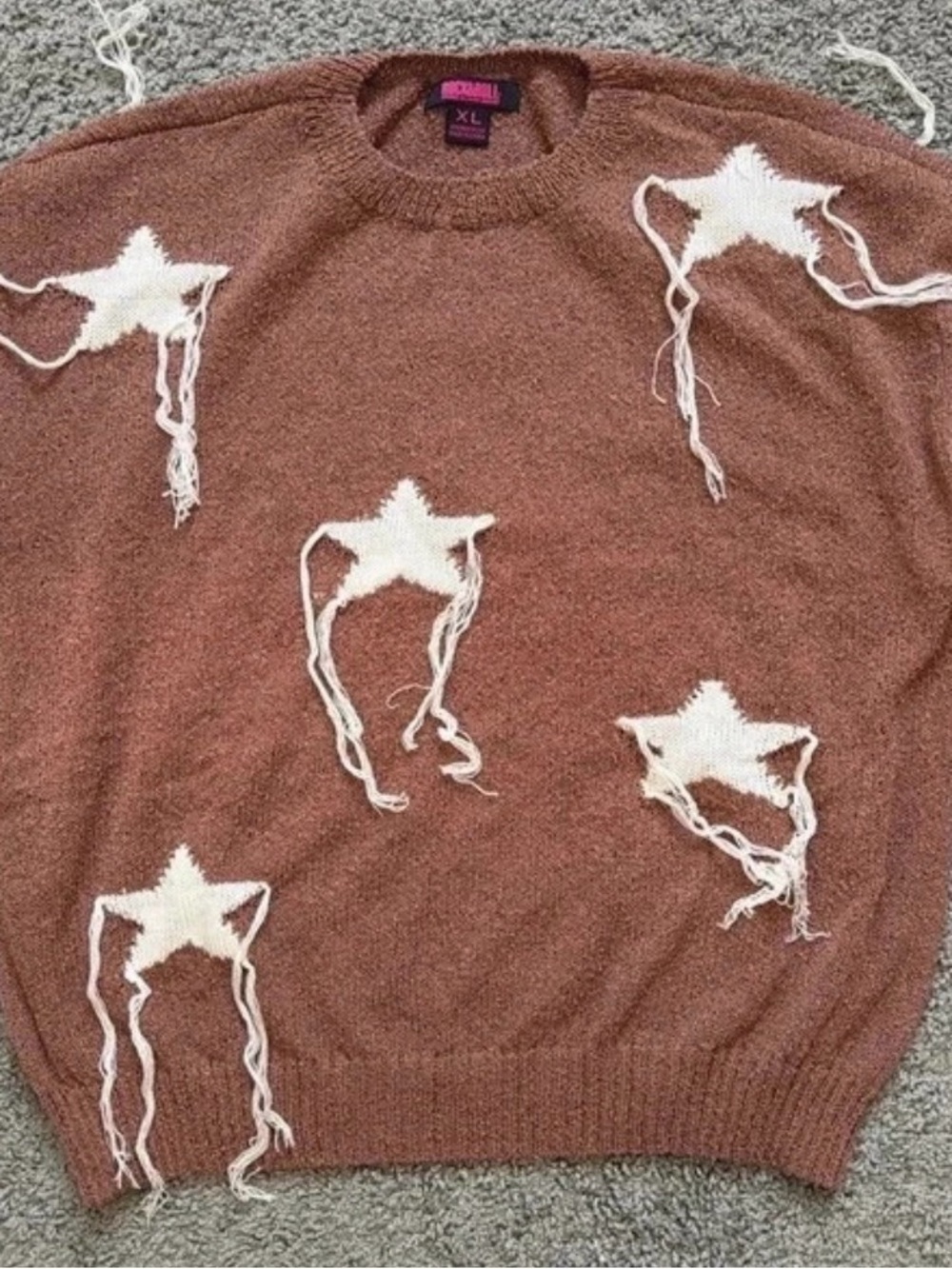 Brown Star Appliqué Crewneck Sweater - Distressed Detail